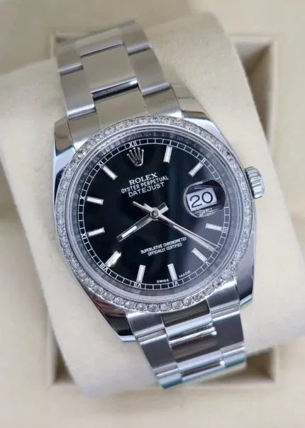 Rolex Datejust 36, Black Dial, Diamond Bezel, With box & Papers, REF 116234