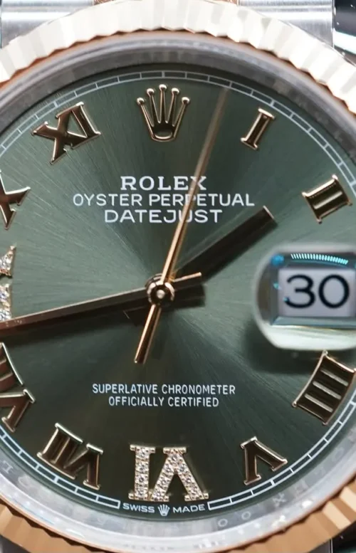 Rolex Datejust 36, Immaculate, Bimetal, Diamond Olive Dial Roman Numerals, Box & Papers,REF 126233-2