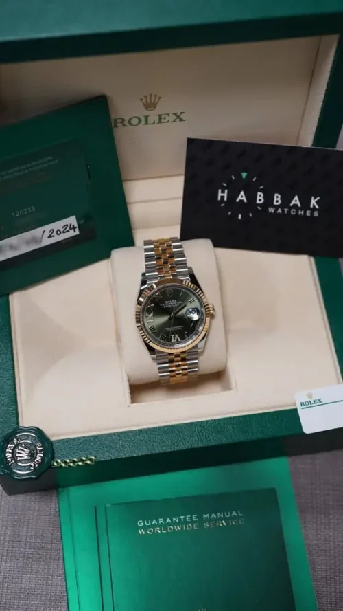 Rolex Datejust 36, Immaculate, Bimetal, Diamond Olive Dial Roman Numerals, Box & Papers,REF 126233-3