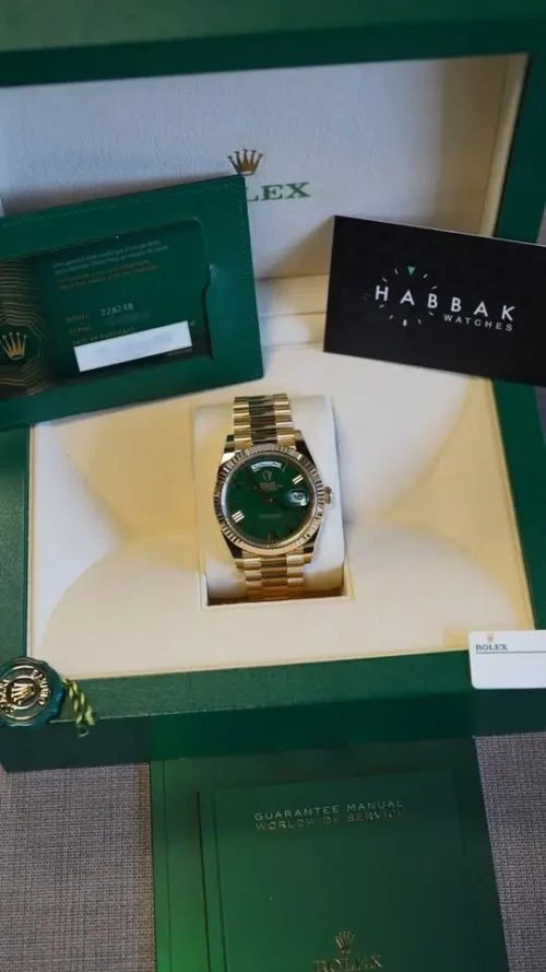Rolex Day-Date 40 Gold, Green Arabic Dial, 2025, New Unworn Full Set REF 228238-3
