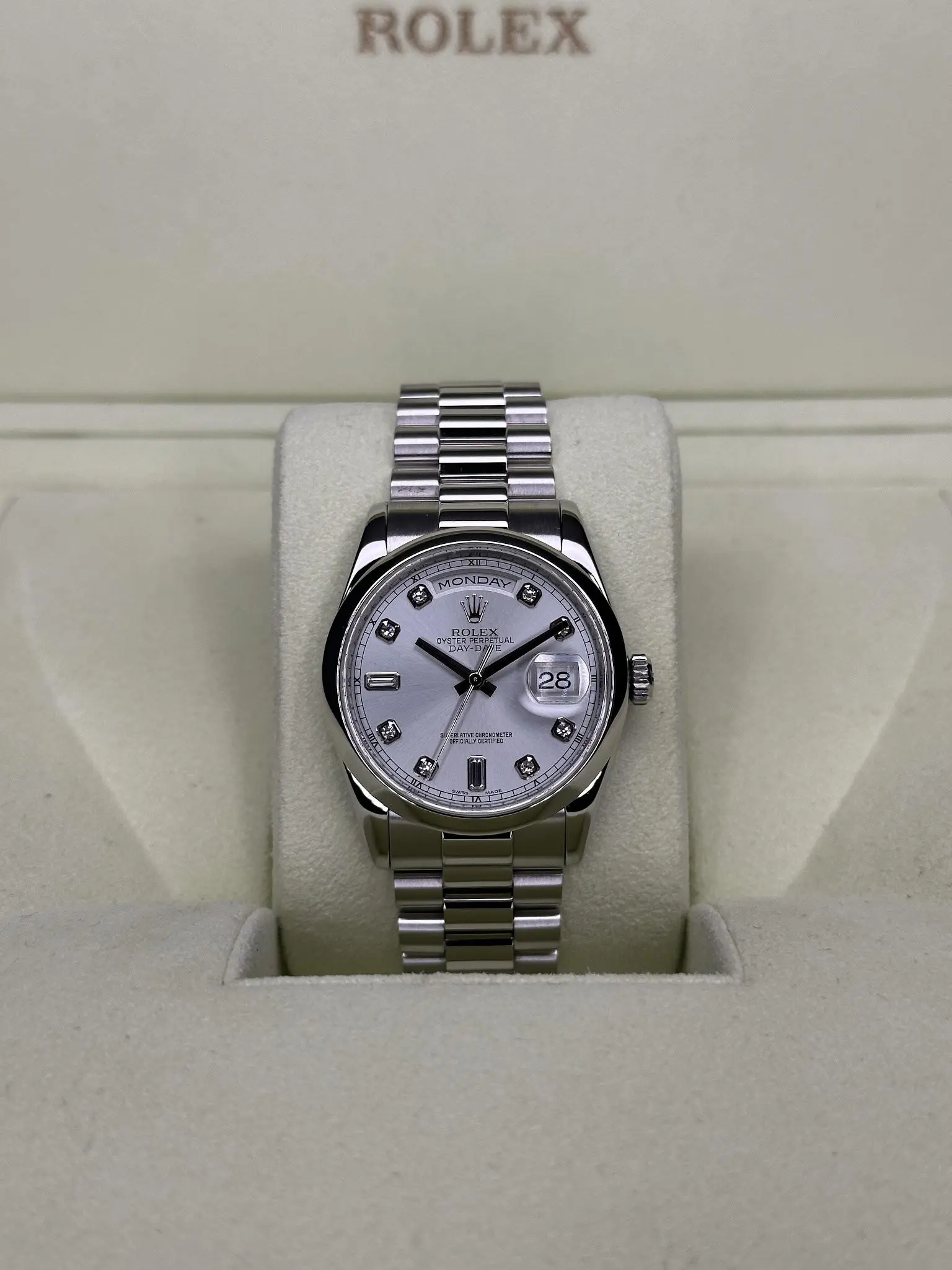 Rolex Day-Date Platinum 36mm 118206 Silver Diamond Dial 2011 Rolex Day-Date Platinum 36mm 118206 Silver Diamond Dial 2011